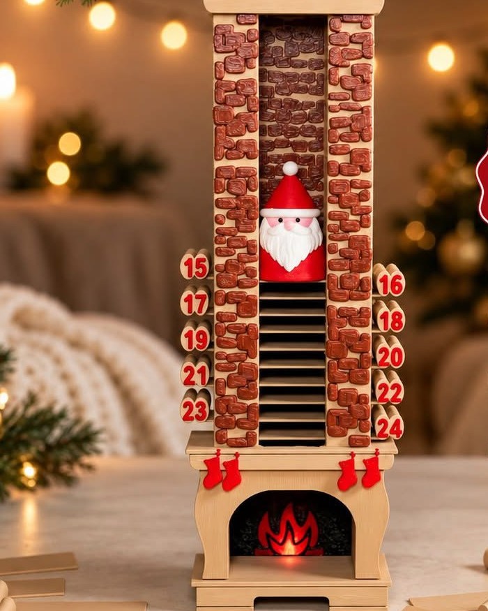 3D-printet julekalender formet som en skorsten med pejs og en nissemand